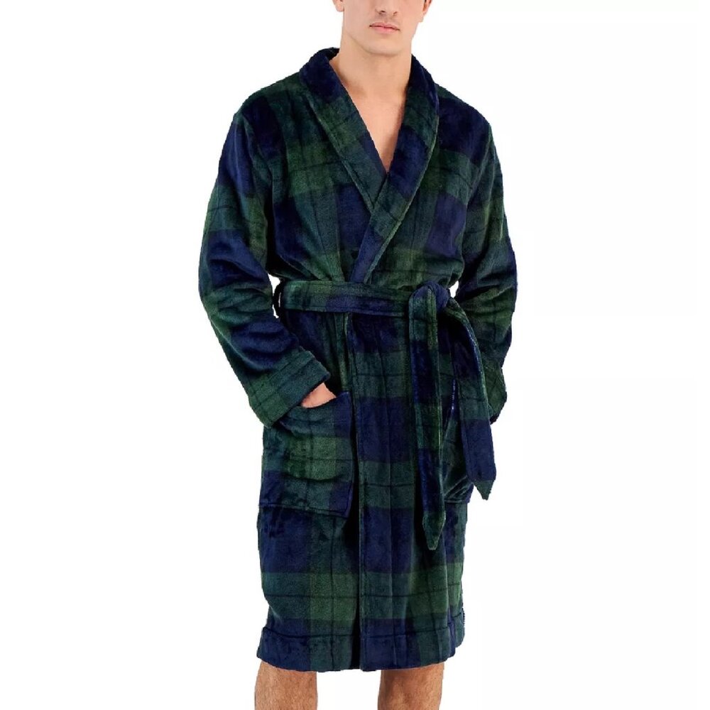 new Sz L/XL Club Room Men's Super-Soft Pajama Robe in EMERALD GREEN BLUE TARTAN
